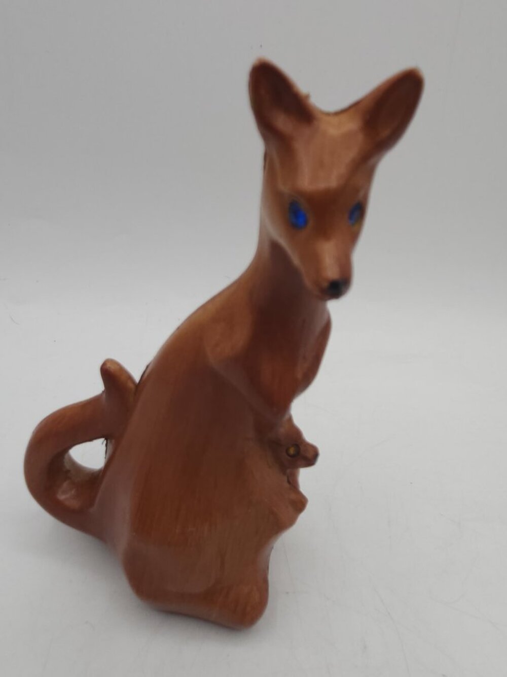 MCM Faux Carved Wood Gem Eyes Kangaroo With Joey 5 1/4” Retro Mod Figurine